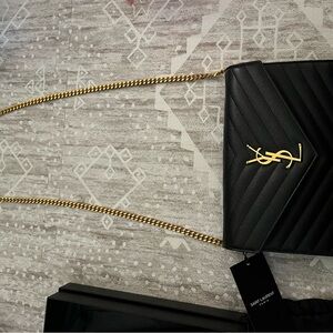 Saint Laurent Black Chevron Bag with Gold Chain